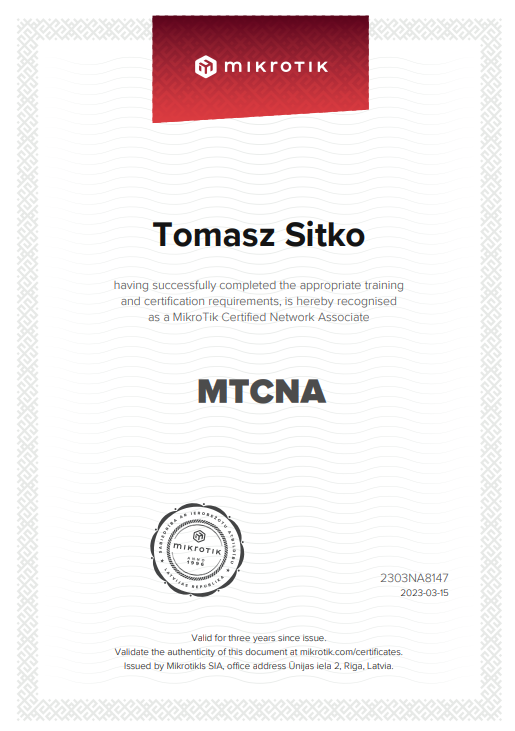 Certyfikat MTCNA sieci MikroTik - Tomasz Sitko, Gate-Logic